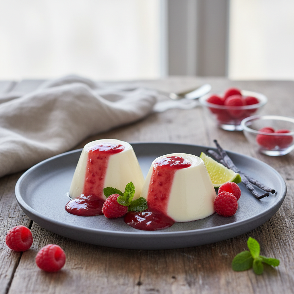 Blancs-mangers à la vanille et coulis de framboises