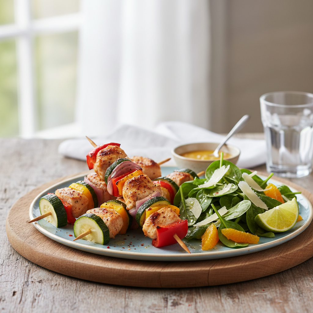 Brochettes de poulet et salade de pousses d’épinards