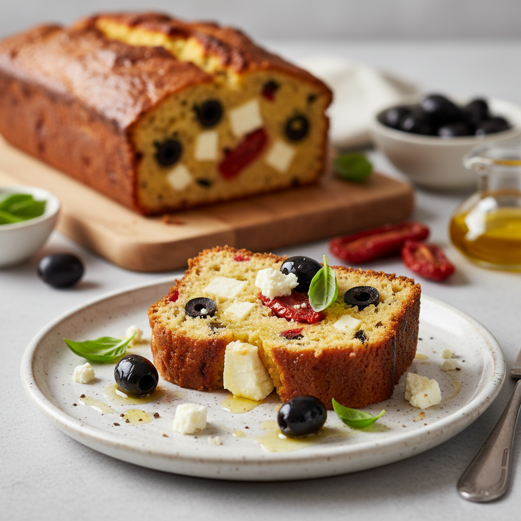 Cake aux tomates séchées, feta et olives