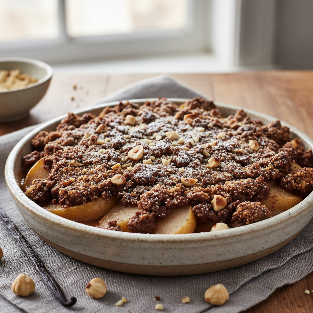 Crumble au chocolat, noisettes et poires