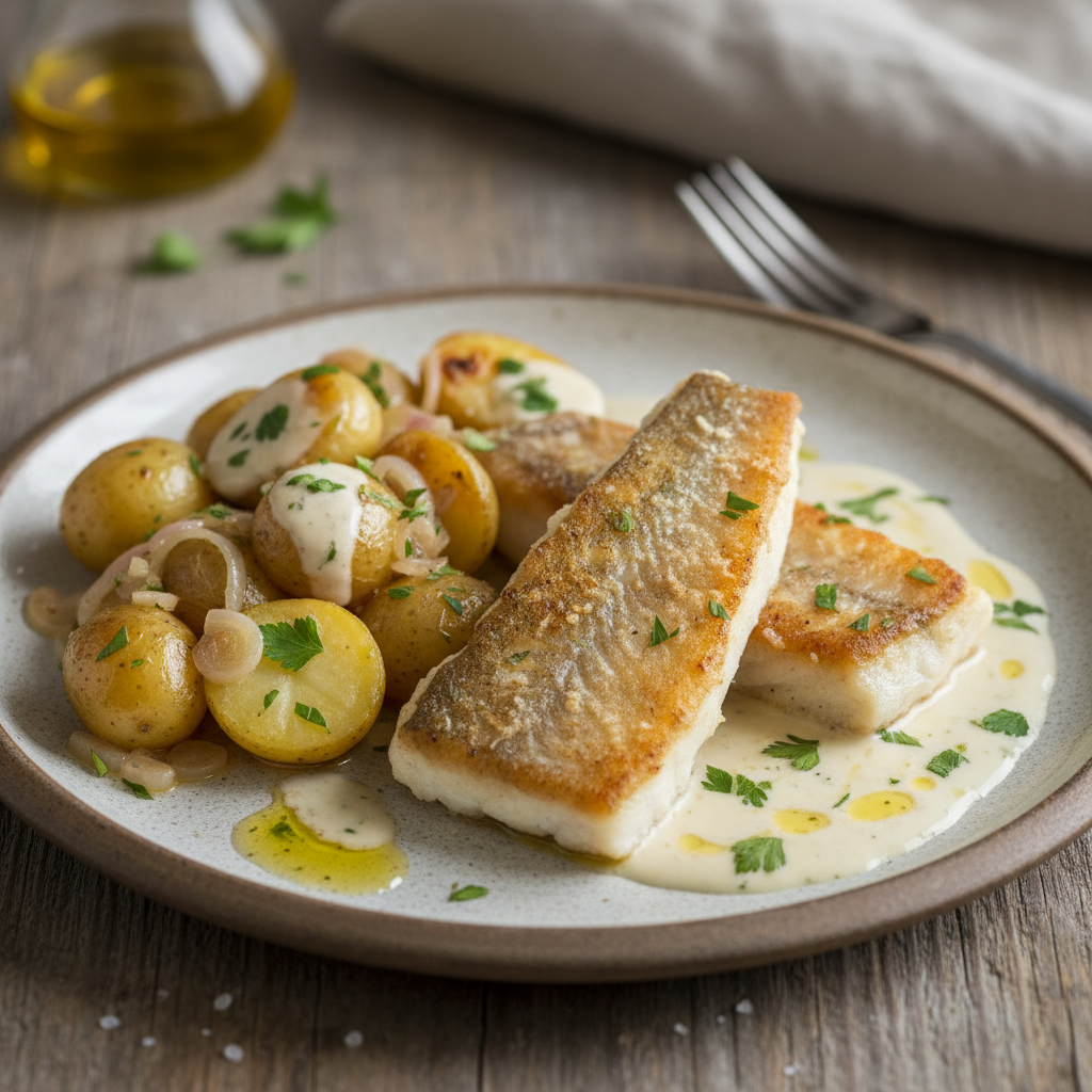 Lieu poêlé et pommes de terre grenailles