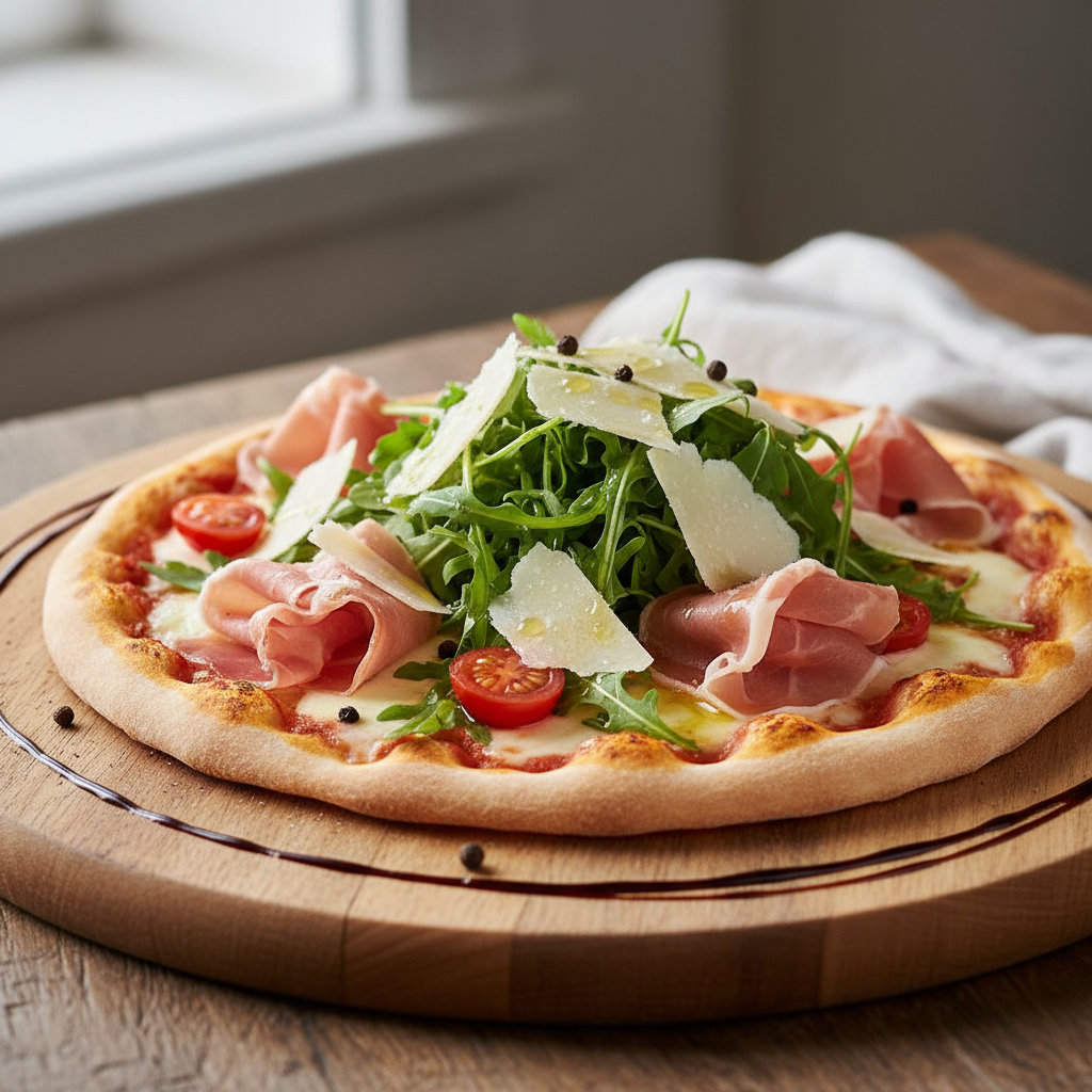 Pizza au jambon de Parme, roquette et parmesan