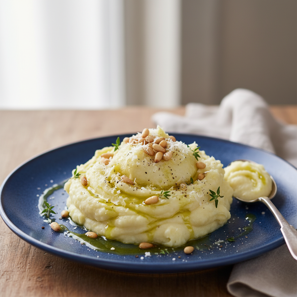 Purée de pommes de terre à l’huile d’olive et aux pignons
