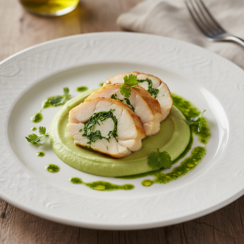 Rôti de lotte au jus d’herbes, crème de céleri