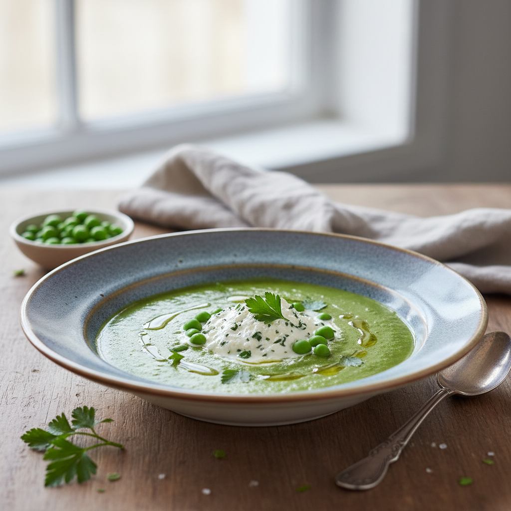 Velouté de petits pois au fromage frais persillé