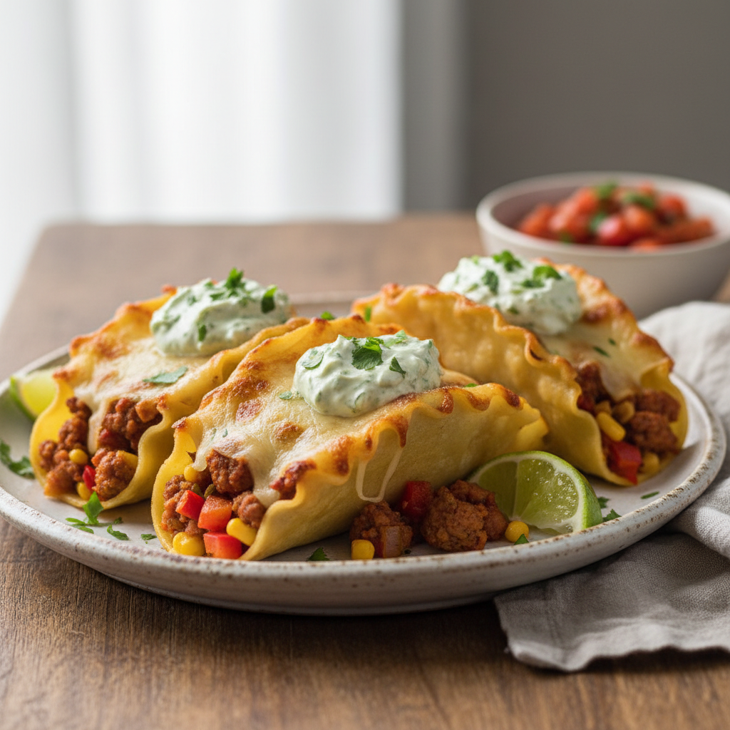 Lasagne-tacos, crème sure à la lime