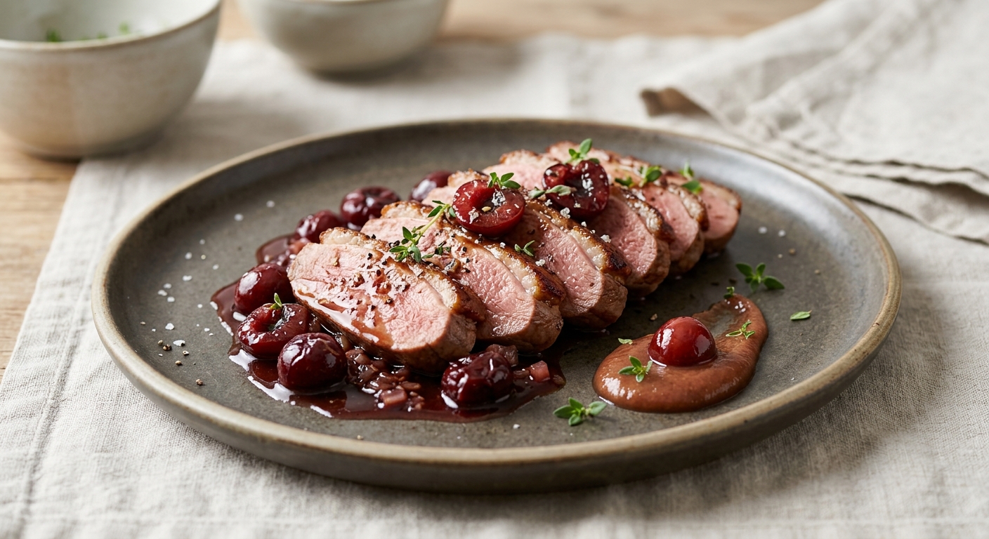Aiguillettes de canard mariné à la cerise et au vinaigre balsamique au miel