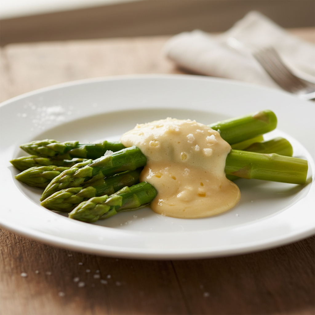 Asperges vertes pochées, sauce mousseline
