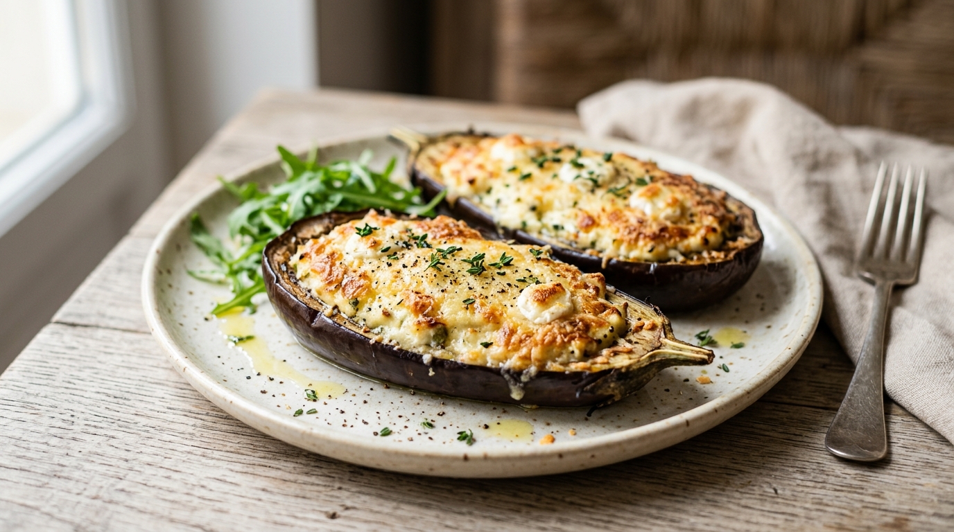 Aubergines farcies au chèvre frais et parmesan