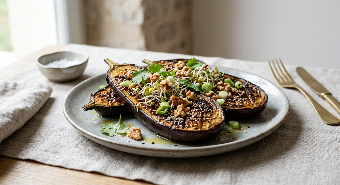 Aubergines grillées au miso, noix et graines germées