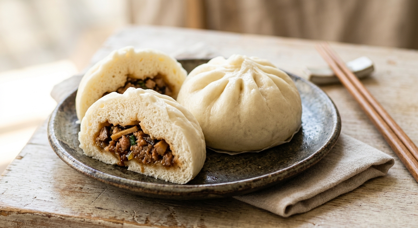 Bāo zi, banh bao (petit pain farci et cuit à la vapeur)