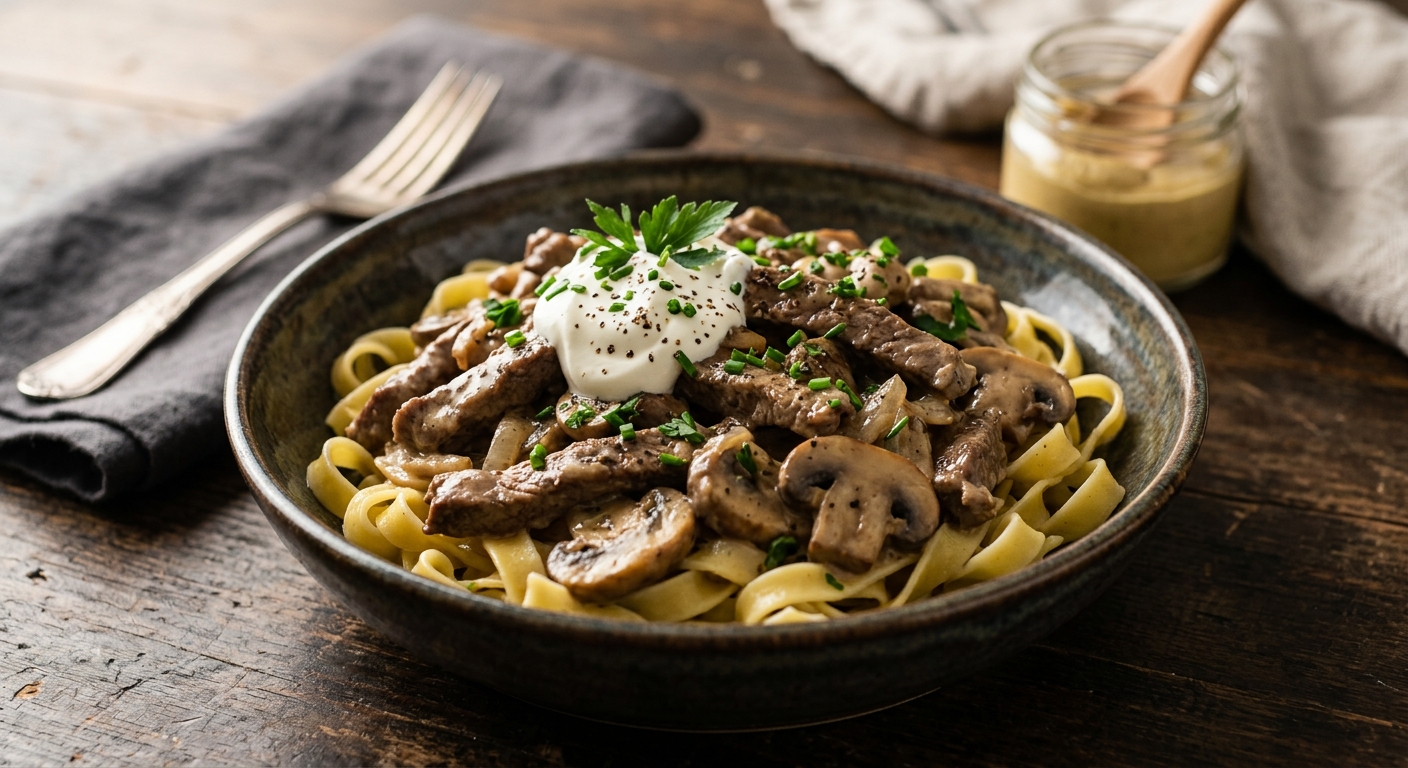Boeuf stroganoff de luxe à la crème sure