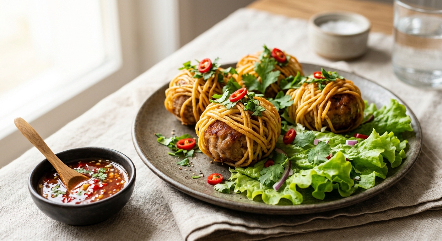 Boulettes de porc enroulées de nouilles