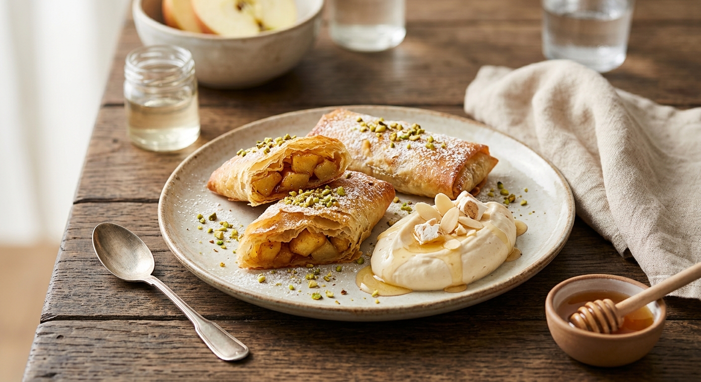 Bricks de pommes à l'orientale et crème de nougat