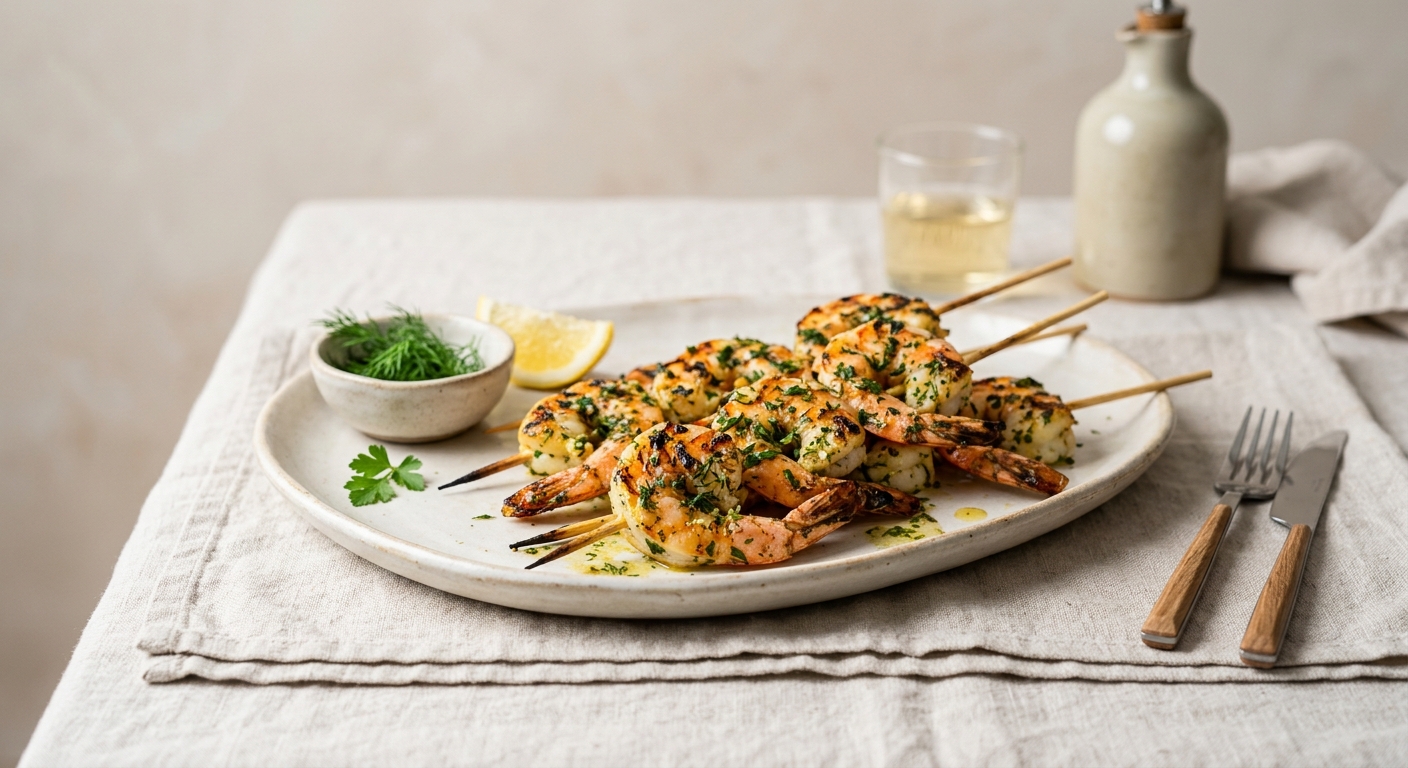 Brochette de crevettes grillées aux herbes
