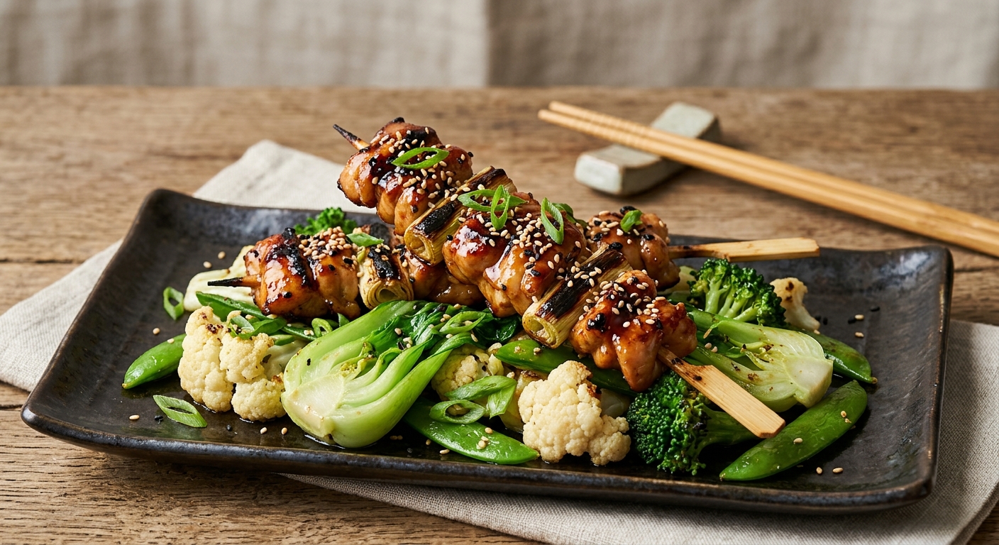 Brochette yakitori et sauté de légumes verts