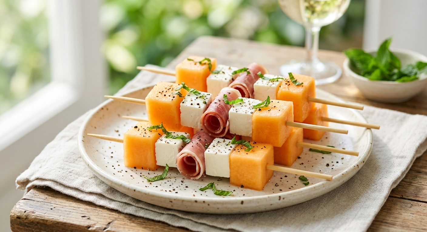 Brochettes de jambon cru et melon au carré frais 0 %
