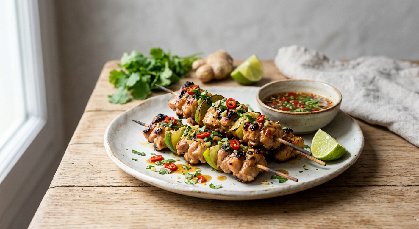Brochettes de poulet au gingembre, coriandre et citronnelle