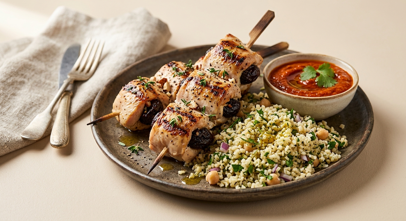 Brochettes de poulet farcies aux Pruneaux d'Agen IGP, boulgour et harissa