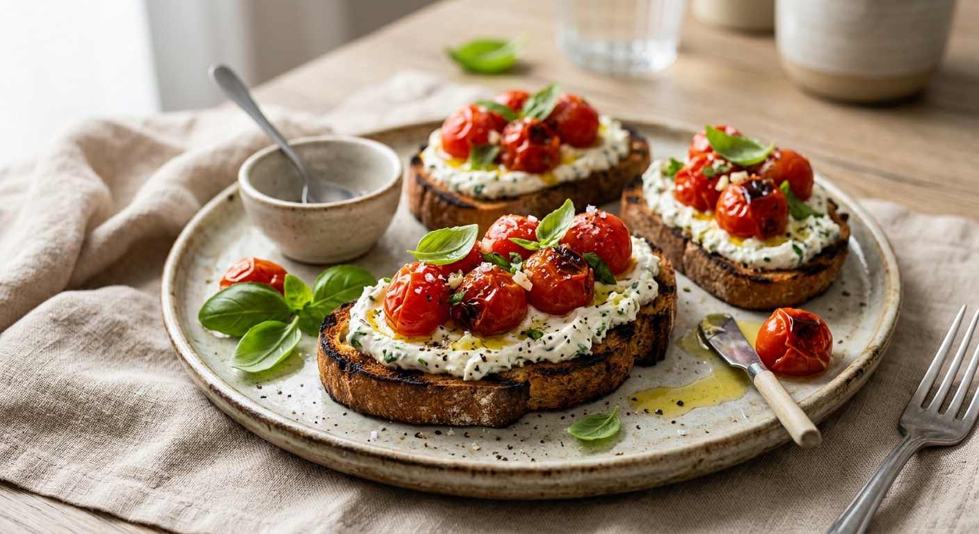 Bruschettas aux tomates rôties et fromage frais de Brebis infusé au basilic La Bergerie