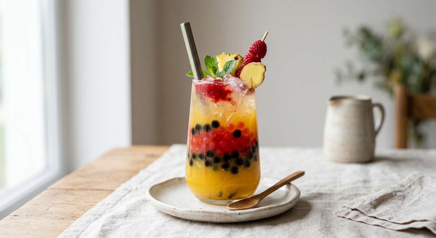 Bubble tea au gingembre, ananas et fruits rouges
