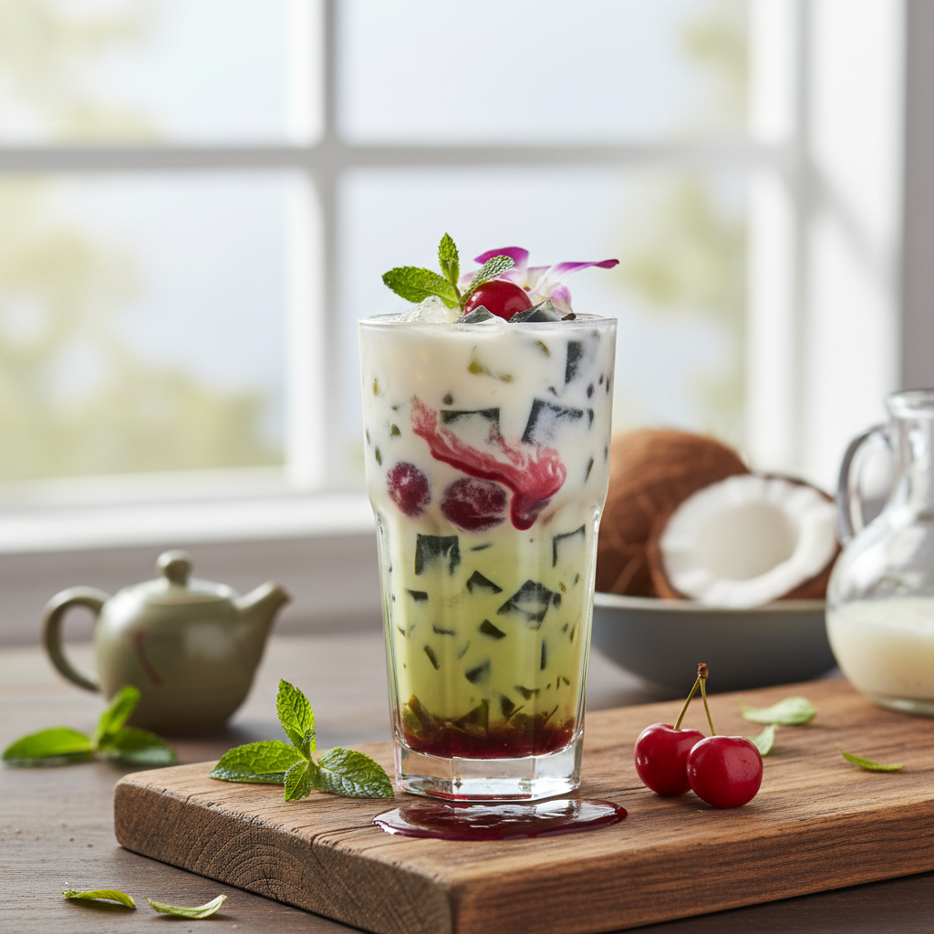Bubble tea gelée d’herbe et lait de coco