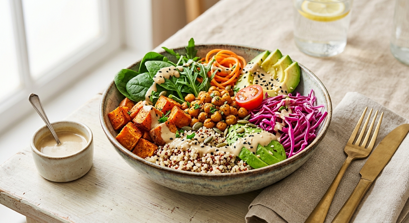 Buddha bowl patate douce, pois chiche et chou rouge