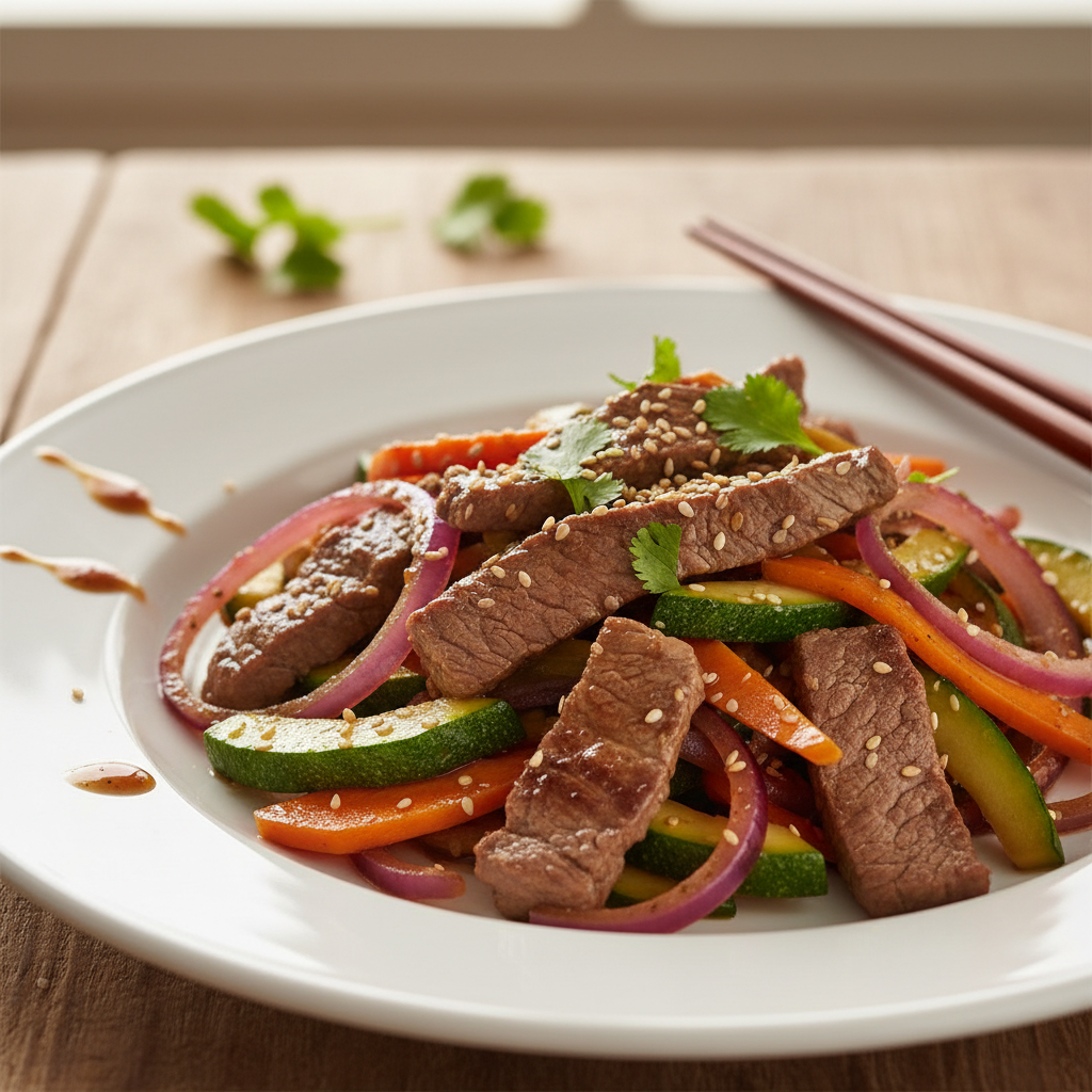 Boeuf et légumes sautés au xérès et à la sauce de soja
