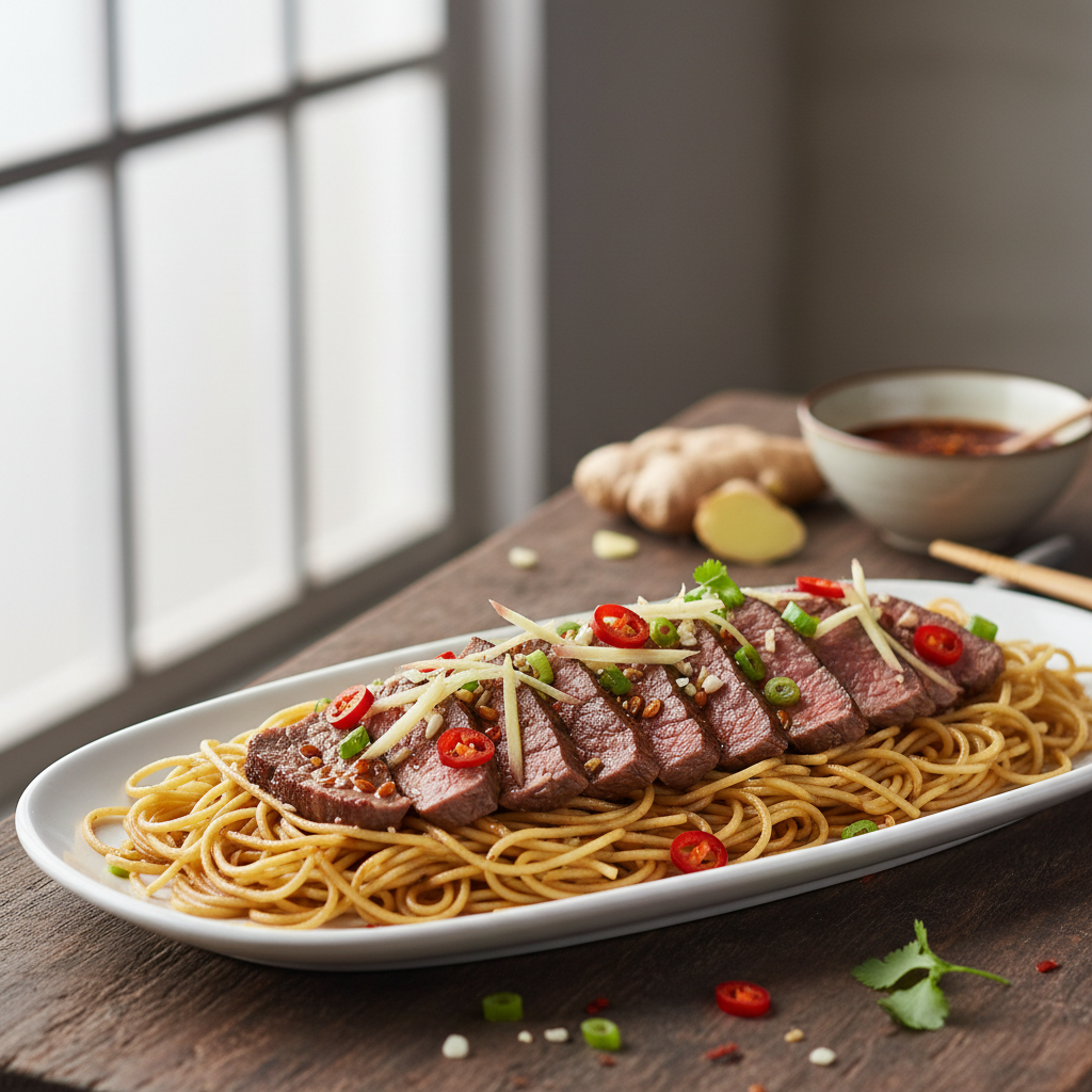 Boeuf pimenté au gingembre et nouilles