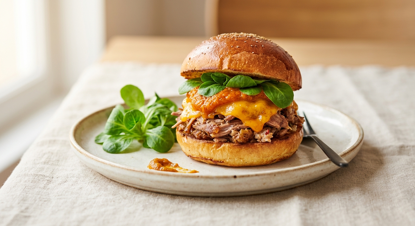 Burger sauce potiron, effiloché de canard confit, mache