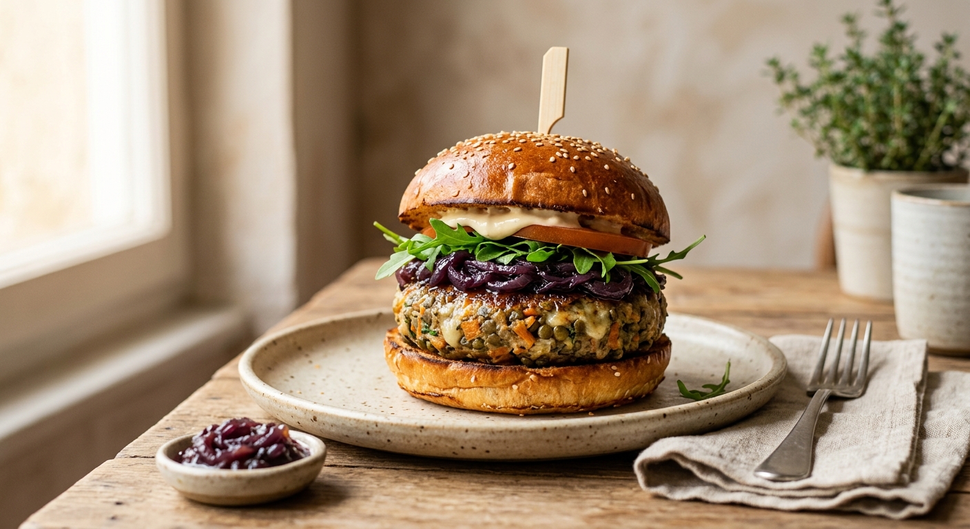 Burgers végétariens aux lentilles et chutney d'oignons rouges