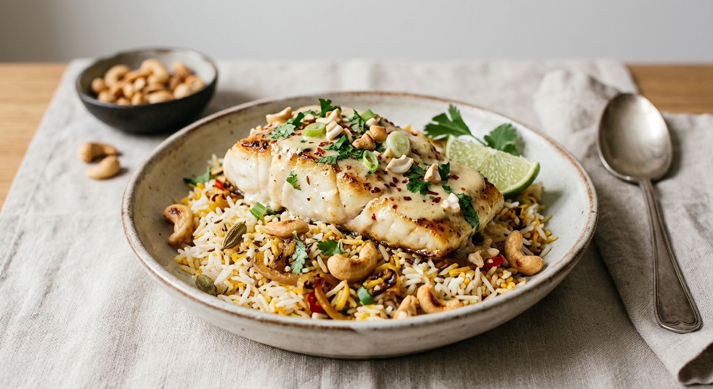 Cabillaud sauté au riz et aux noix de cajou