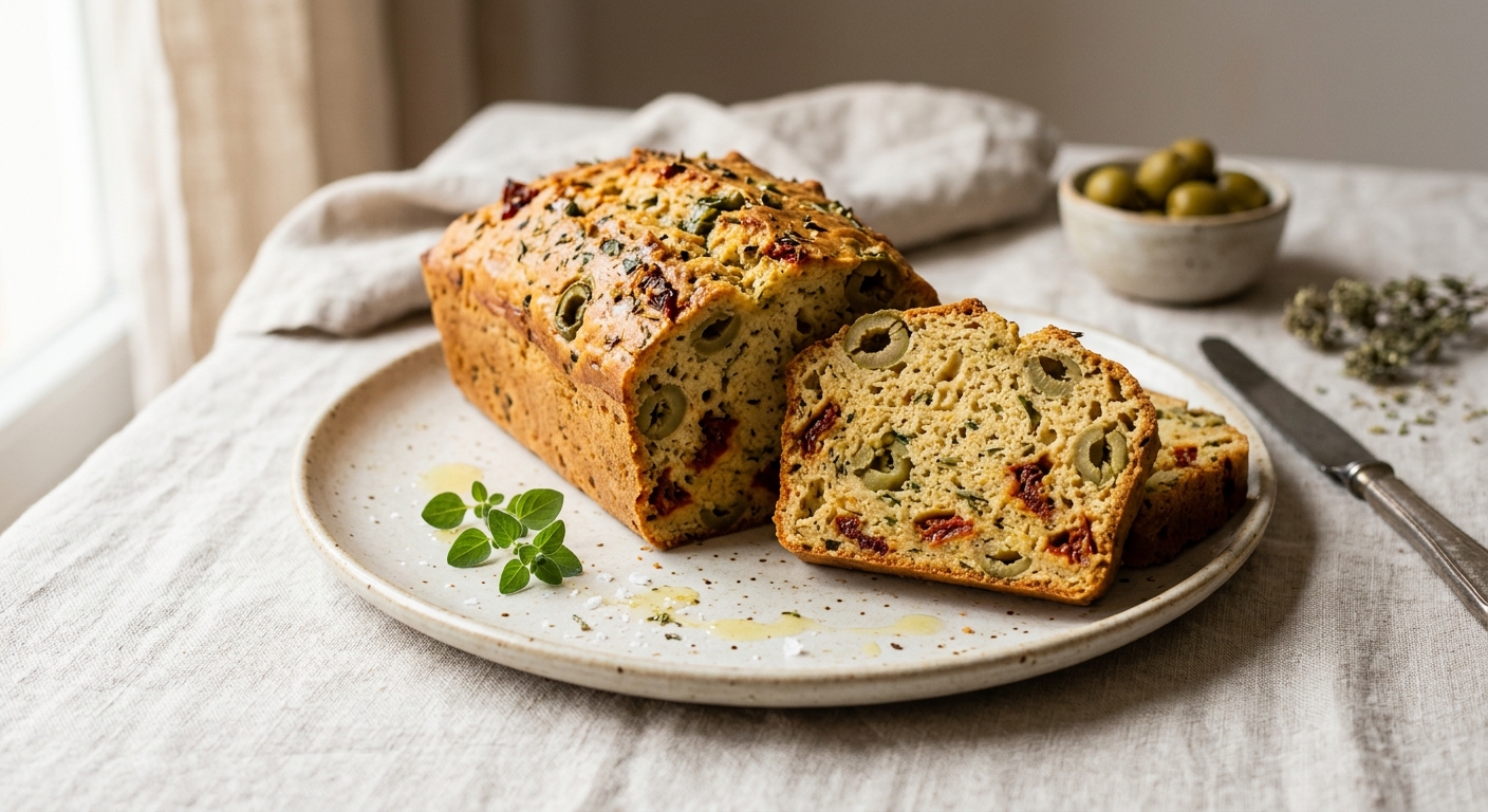 Cake au tofu soyeux, olives et tomates séchées (sans oeuf)
