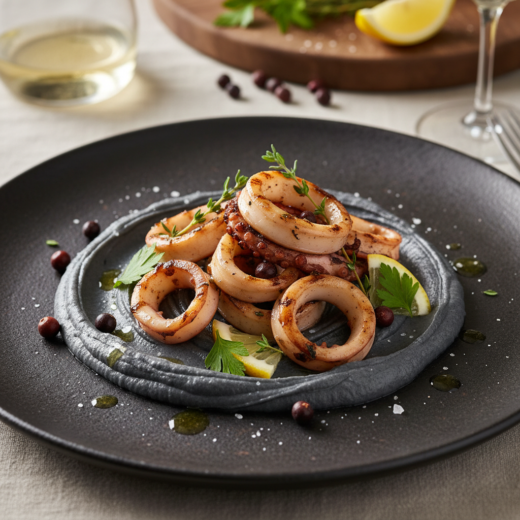 Calamars grillés, purée à l’encre de seiche