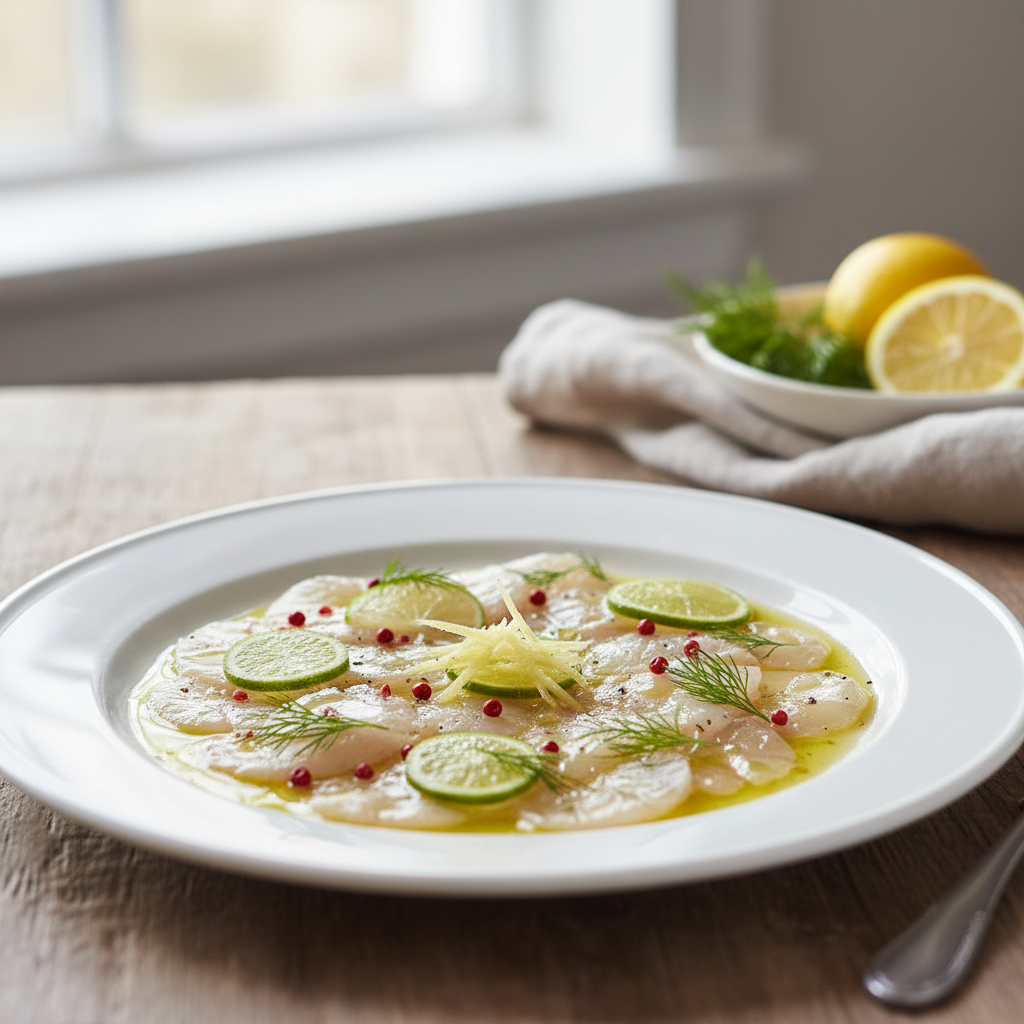 Carpaccio de bar et de saint-jacques au gingembre