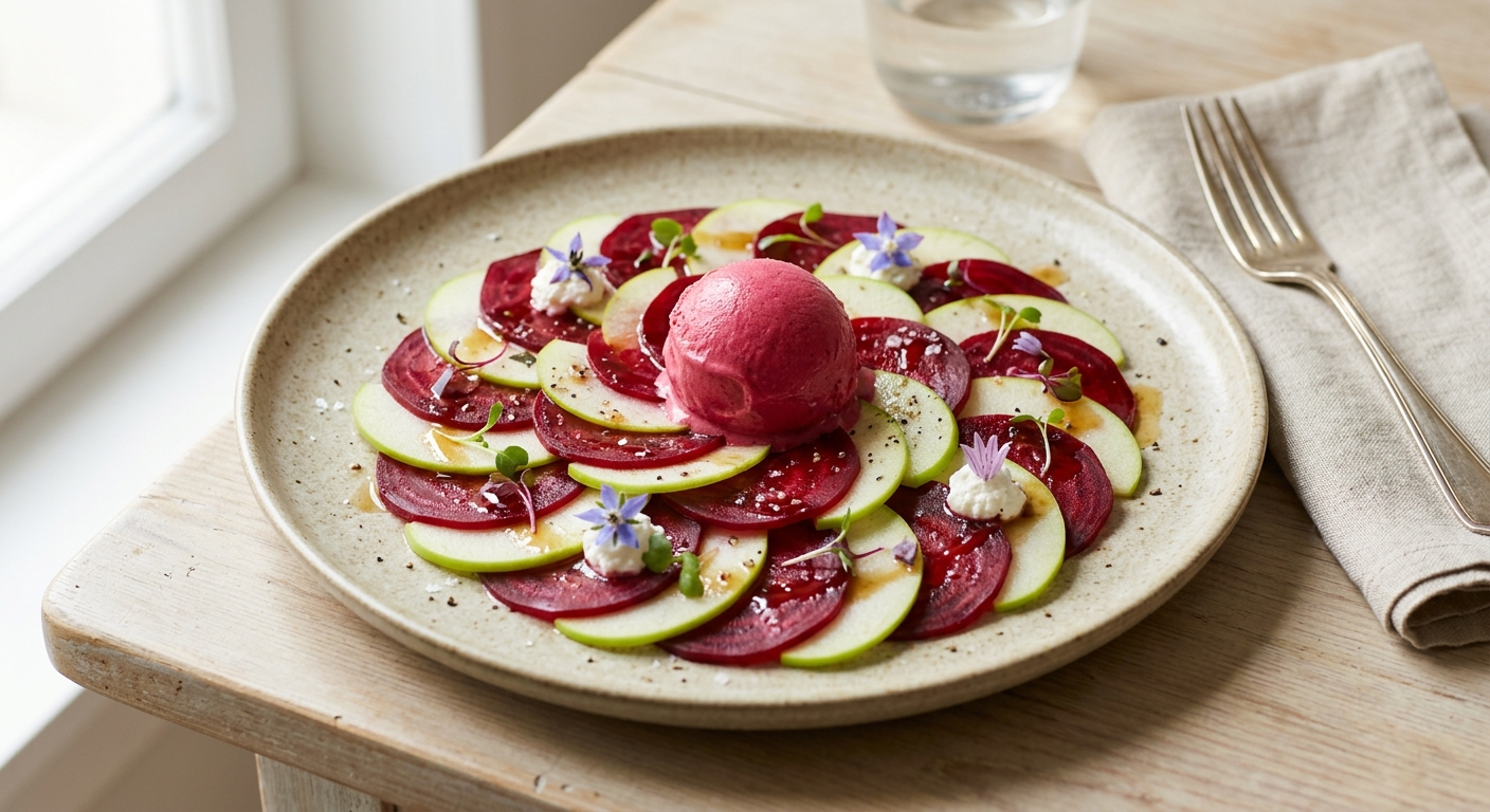 Carpaccio de betterave et pomme, glace betterave brebis
