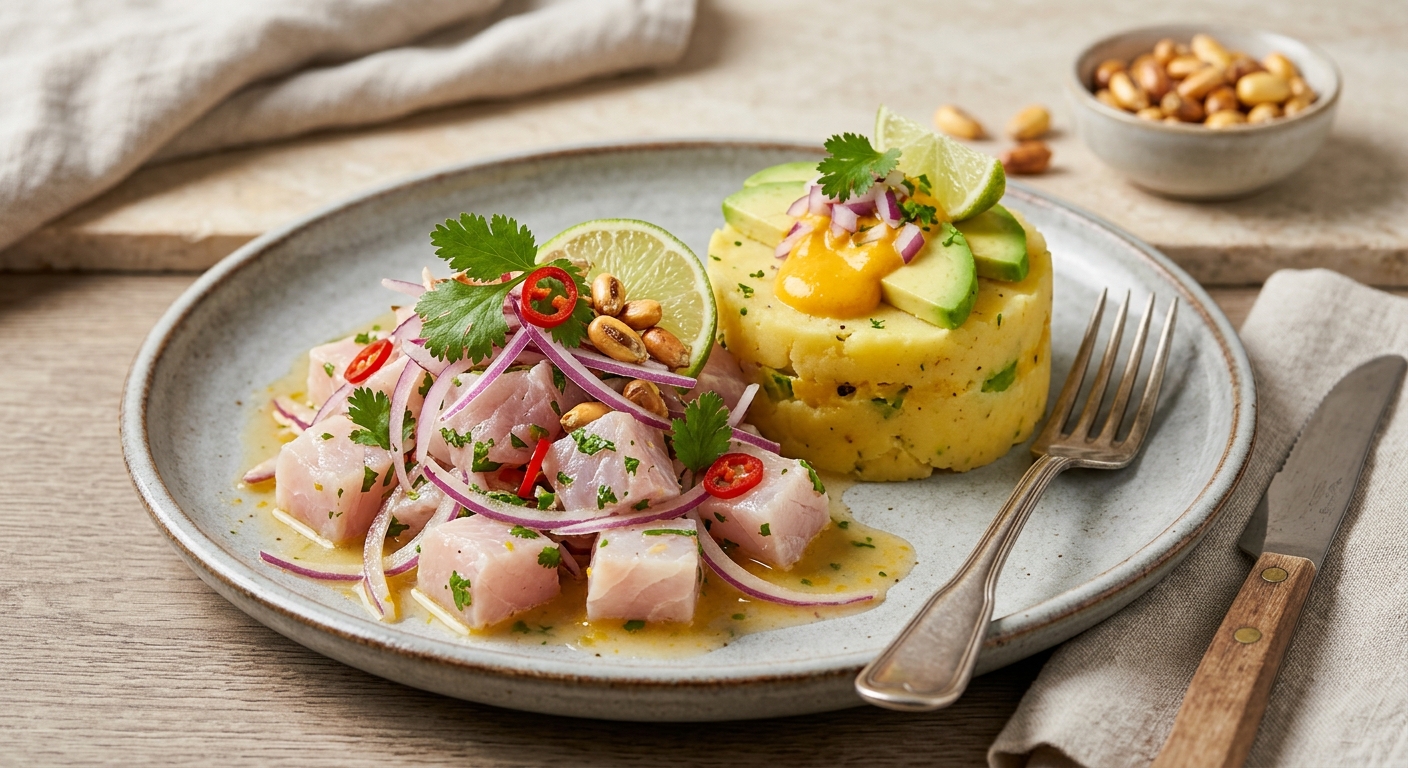 Ceviche de poisson et causa de pommes de terre (Pérou)