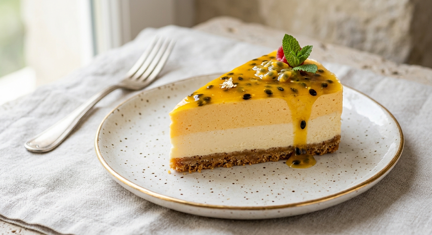 Cheesecake exotique : nappage aux fruits de la passion et mousse de mangue