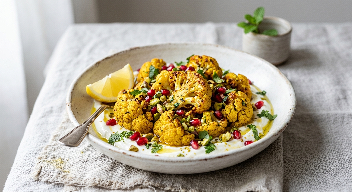 Chou-fleur au curcuma rôti à l'air fryer, grenade et labneh