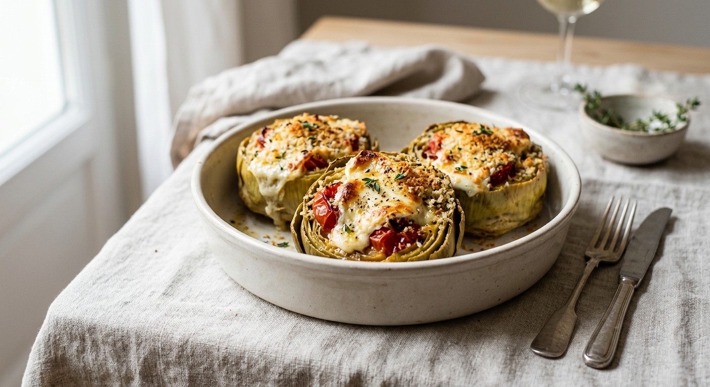 Coeurs d'artichauts gratinés au fromage de chèvre frais