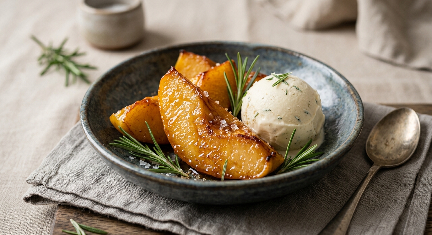 Coings poêlés, glace au romarin