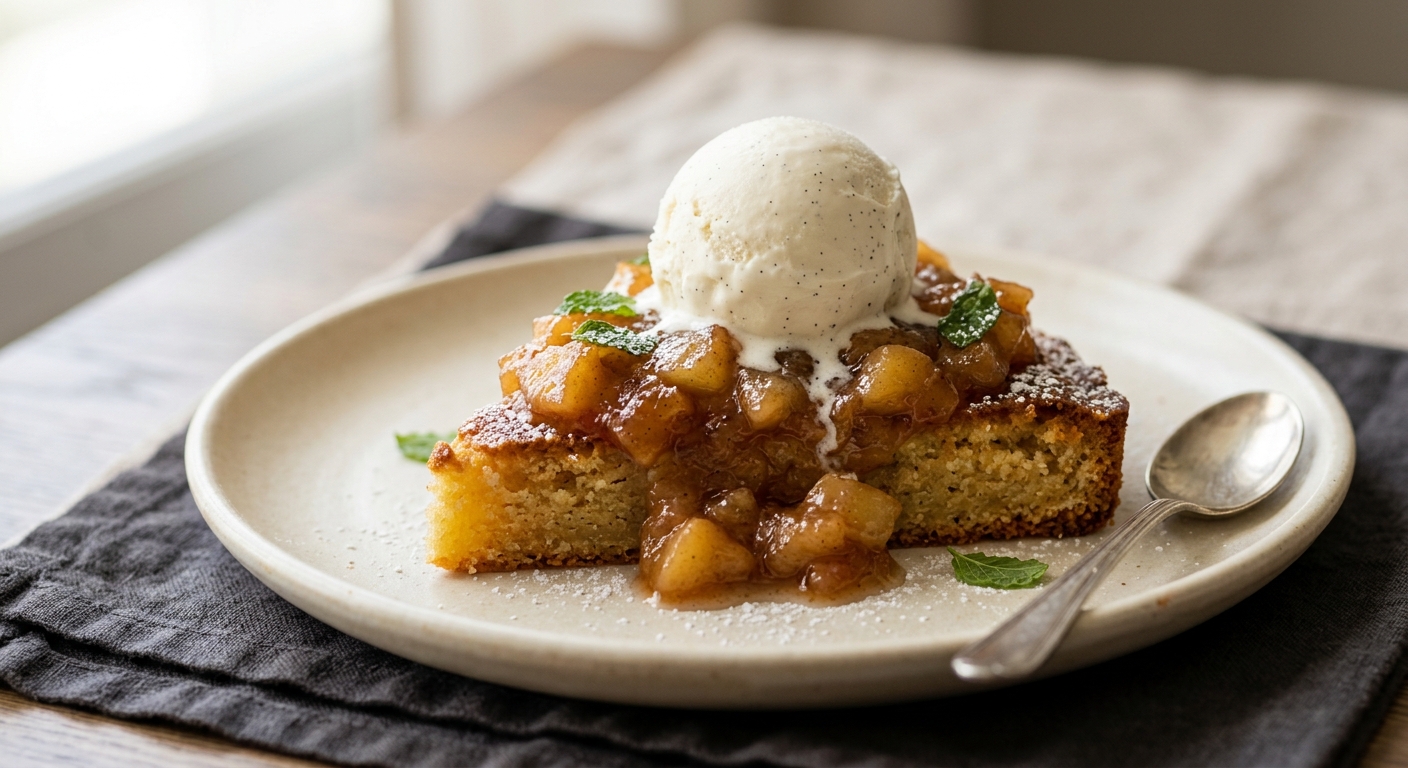 Compote de pommes maison sur lit de frangipane et boule de glace vanille