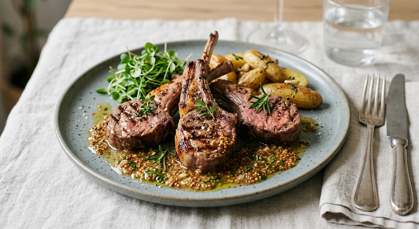 Côtes d'agneau grillées, sauce moutarde à l'ancienne
