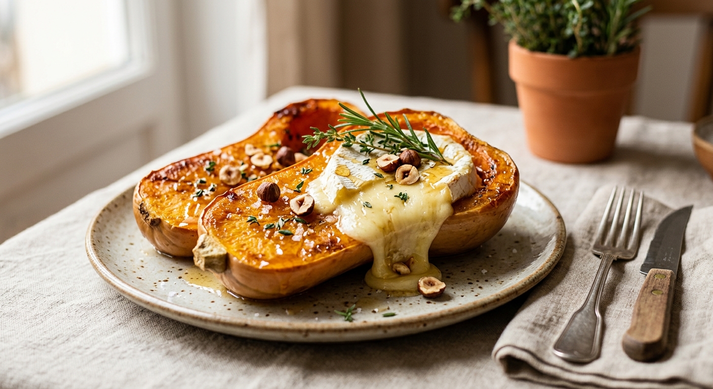 Courge butternut rôtie au camembert et au miel