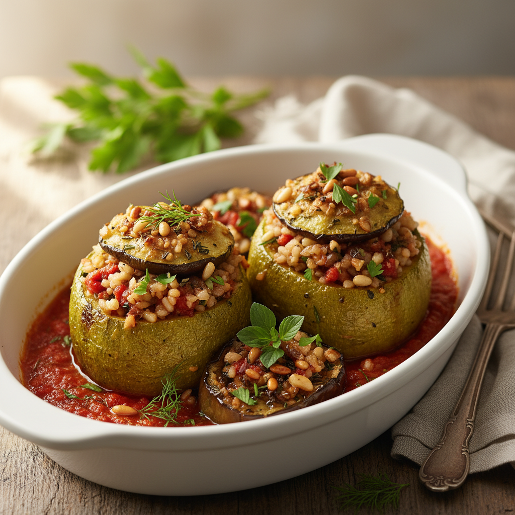 Courgettes, aubergines farcies aux herbes