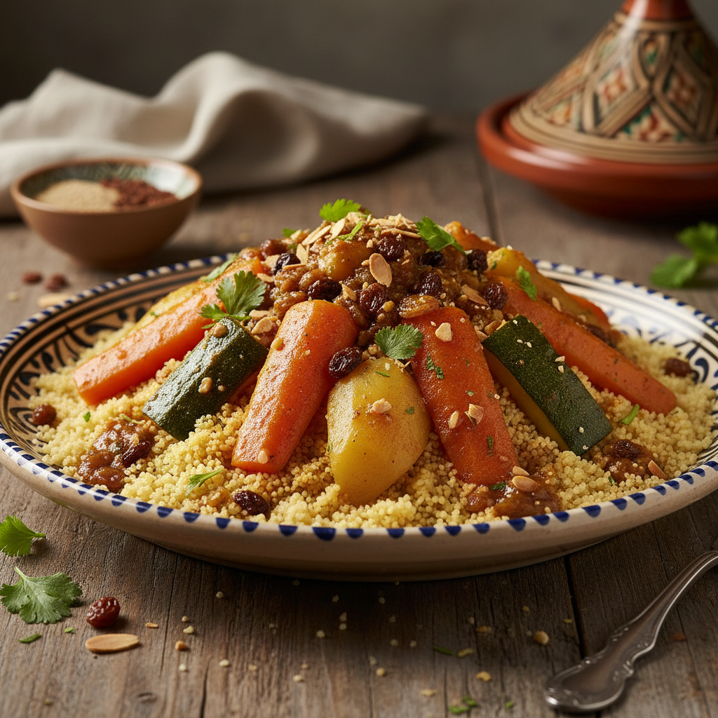 Couscous aux légumes et sa sauce aux raisins secs