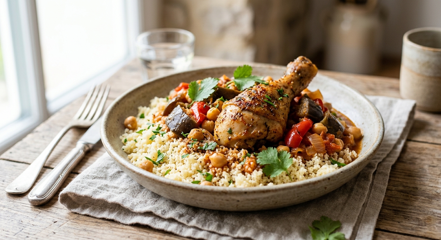 Couscous de poulet aux aubergines et pois chiches