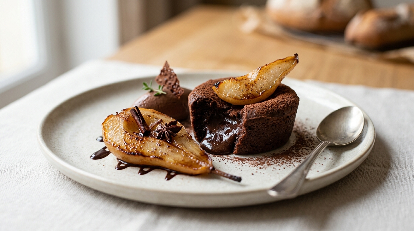 Crème chocolat et épices, fondant chocolat à la poire rôtie aux épices