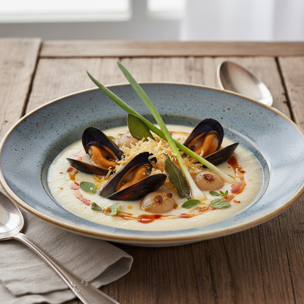 Crème de haricots cannellini aux moules et scamorza fumée