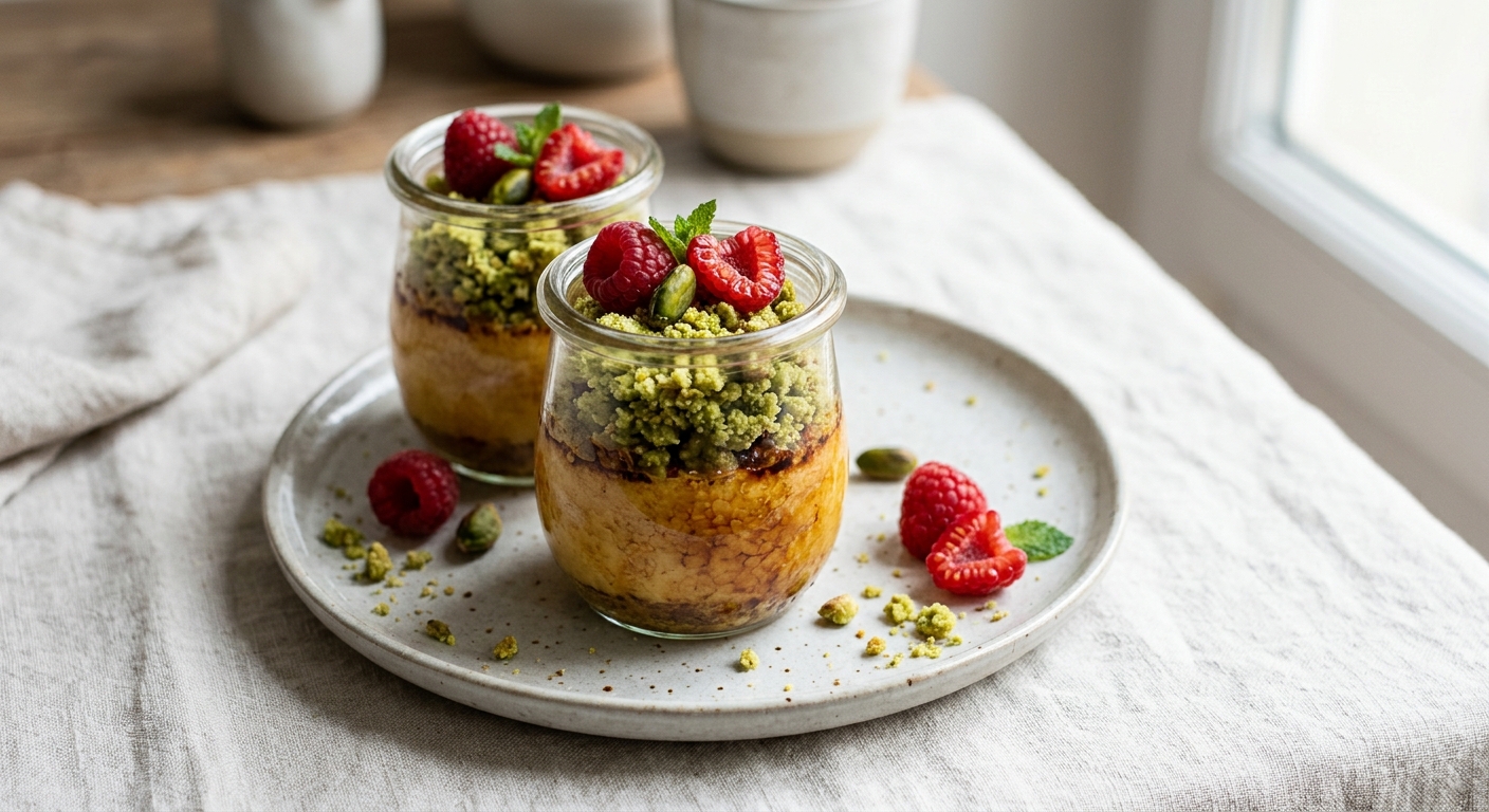 Crèmes brûlées, streusel à la pistache et framboises